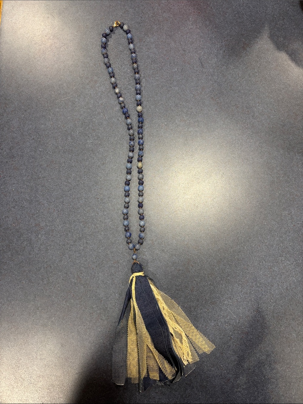 Beaded Navy and Gold Tassel Necklace